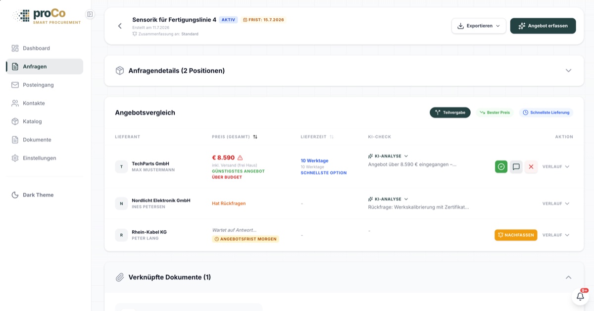 ProCo Angebotsvergleich: mehrere Lieferanten mit Preis, Lieferzeit und KI-Check nebeneinander