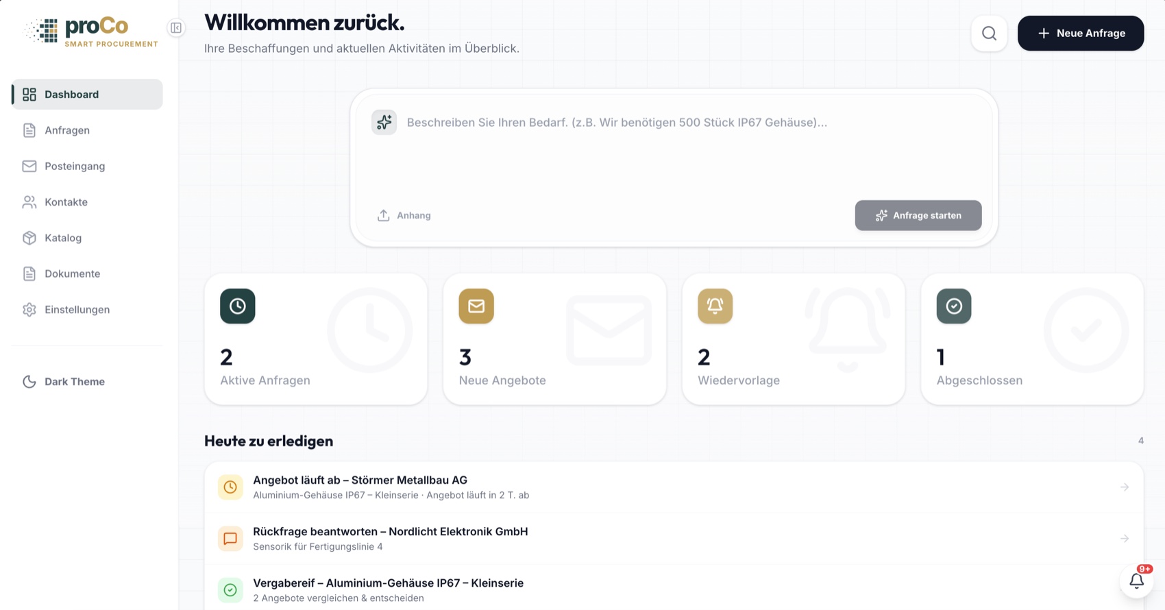 ProCo Dashboard: Bedarf per KI beschreiben, aktive Anfragen, neue Angebote und offene Aufgaben auf einen Blick