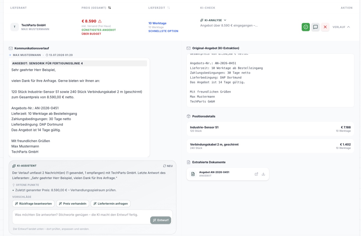 ProCo Kommunikation: KI-Assistent liest das Angebot aus und formuliert die Antwort-Mail an den Lieferanten
